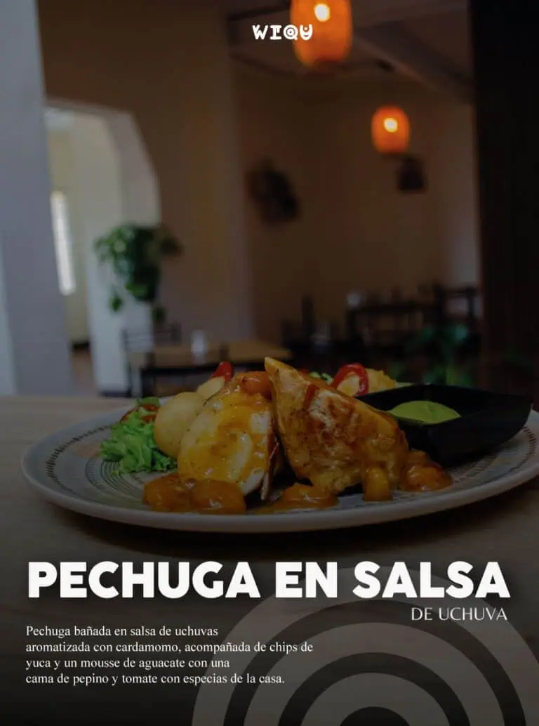 Hähnchenbrust in Kapstachelbeersauce mit Pommes, Avocado und Tomate. Ein köstliches Gericht in einem Restaurant: kolumbianisches Essen, Gourmet, attraktive Präsentation, traditionelles Essen, hochwertiger Service.