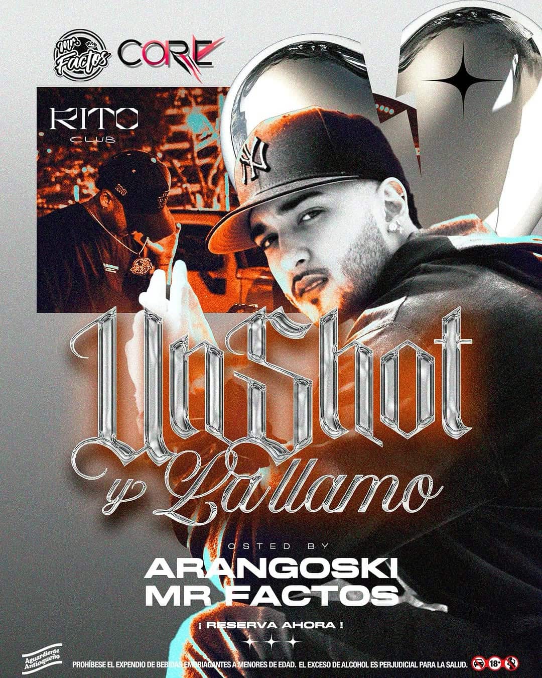 Hombre joven con gorra y barba en un cartel de evento musical en Medellín, promoción de concierto en Rito Club, con letras llamativas y ambiente urbano, foco en eventos y entretenimiento en Colombia.