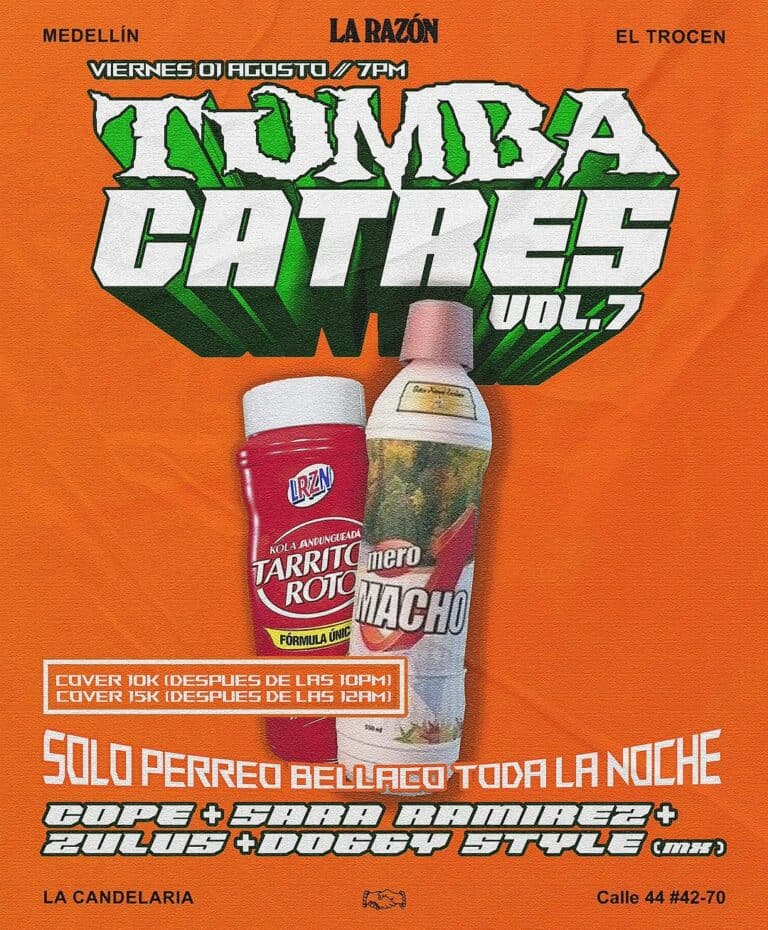 - Dos latas de bebidas refrescantes con fondo naranja y texto en letras grandes y llamativas.