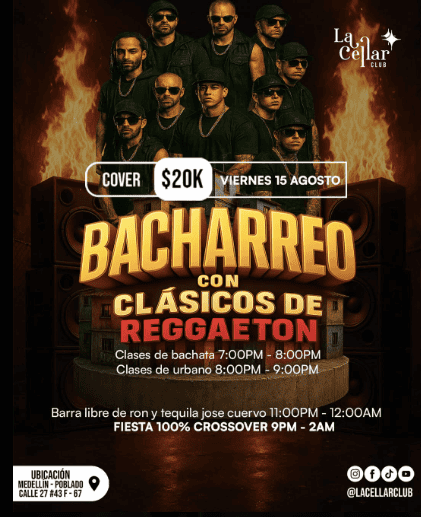 Bailar bachata y reggaetón en evento en Medellín con clases y fiesta, con artistas y ambiente de fiesta en La Cellar Club, ideal para amantes de la música urbana.