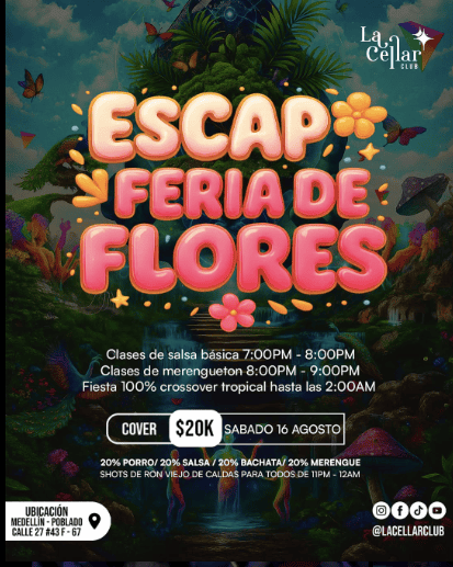 Escap Feria de Flores, evento tropical con clases de salsa, merengue y fiesta crossover, en Medellín, con múltiples actividades y música en vivo, ideal para amantes de la cultura y la diversión.