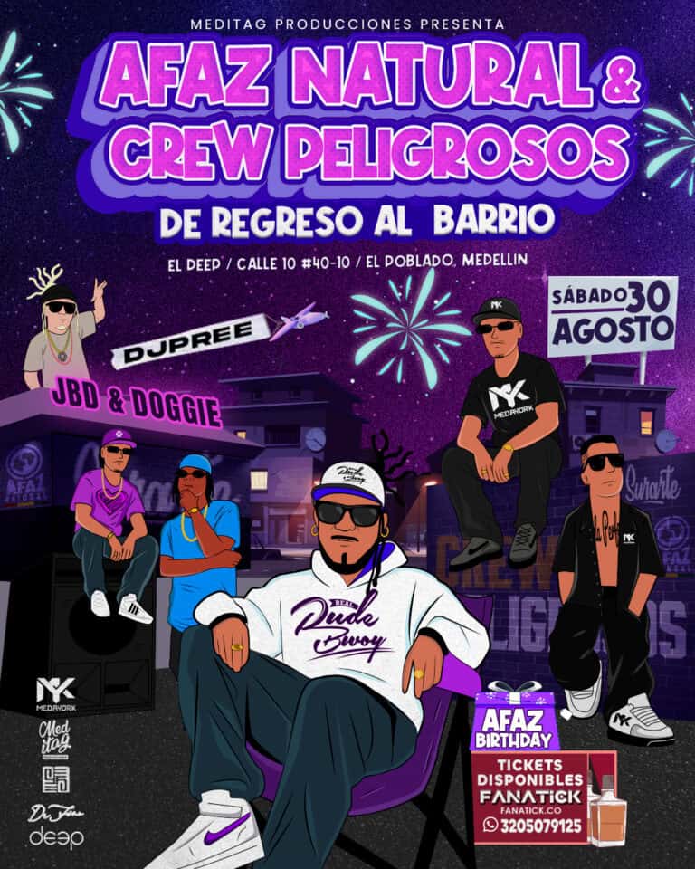 Aza Natural y Crew Peligrosos evento en Medellín, con DJ Pree, JBD y Doggie, celebración de cumpleaños y música en vivo el sábado 30 de agosto en El Deep, Medellín.