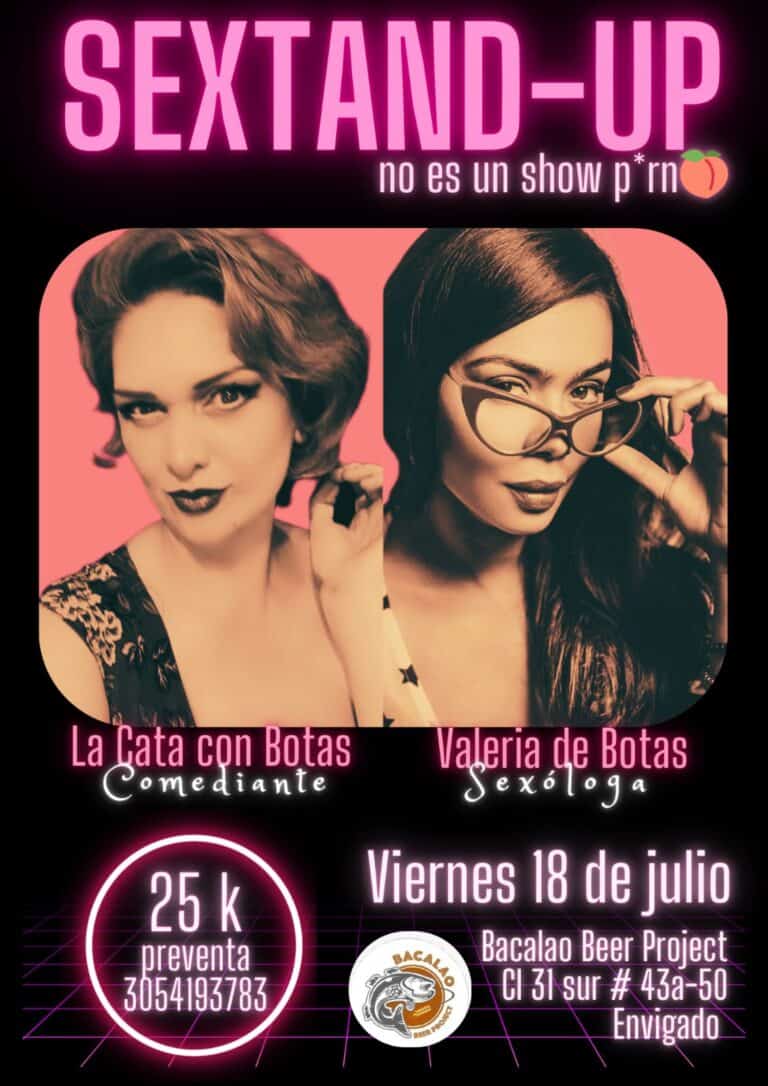 Disco comedy y sexóloga en evento de entretenimiento en Bogotá, con temática de “Sextand-Up” y humor para adultos. Entrada en preventa, detalles del evento y contacto en la publicidad promocional.