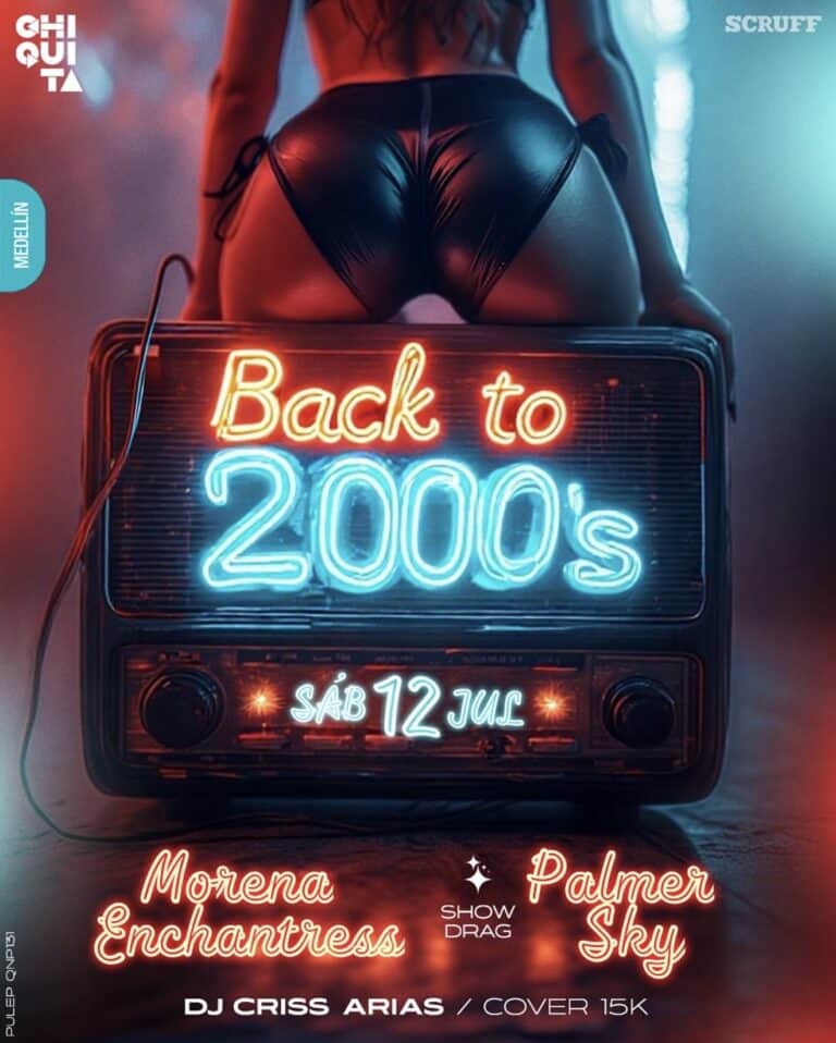 Evento de regreso a los años 2000 con espectáculo de drag y DJ en Medellín con ambiente glamoroso y retro, ideal para amantes de la música, la moda y las tendencias vintage.