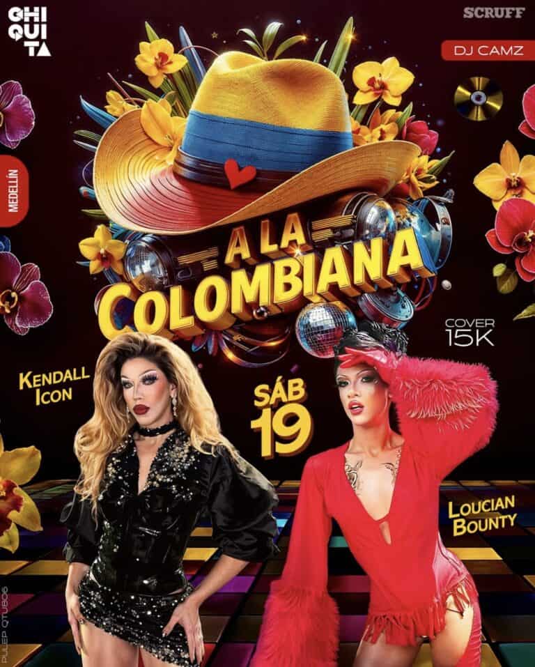 Fiesta temática colombiana con dos drag queens en vestuarios llamativos, flores de colores y dj en un ambiente animado y vibrante para evento en Medellín y Bogotá.