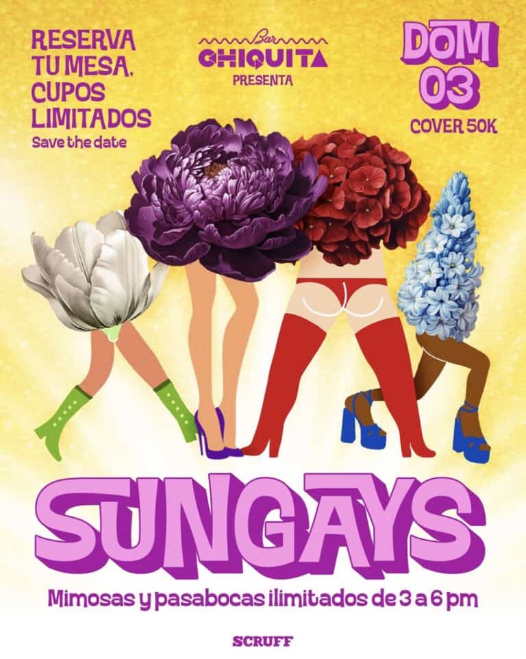 Flor de peonía y hortensia con piernas en zapatos de tacón y botas de encaje, cartel de evento con colores llamativos y texto en español para promoción de encuentro con mimosas y pasabocas, evento en agosto en Bogotá.