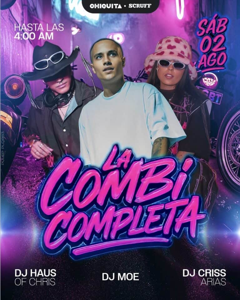 Evento de fiesta con DJs en Ambiente nocturno con luces neón y música EDM, promoviendo la energía juvenil y la celebración hasta la madrugada. Incluye artistas como DJ Haus, DJ Moe y DJ Criss en la fiesta "La Combo Completa".