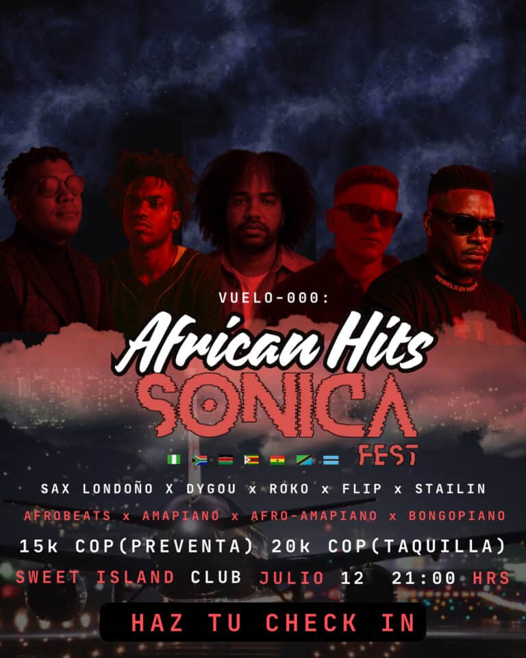 Voz en vivo de banda Afro Hits Sonica en festival de música africana en Club Sweet Island, Bogotá, con artistas internacionales, programación de DJ, entradas y check-in para evento de música afro en julio.