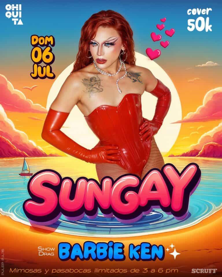Vestido ajustado y guantes largos rojos, con tatuajes de ángeles en los hombros, en un fondo de atardecer en la playa, anunciando evento de entretenimiento y drag show.