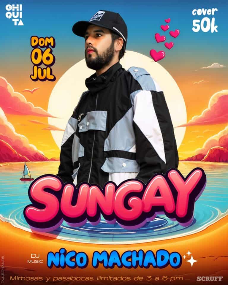 Disfruta de la fiesta SunGay con Nico Machado en un evento en Bogotá, este domingo 6 de julio, con mimosas y pasabocas ilimitados de 3 a 6 pm, cobertura de 50k, música en vivo y ambiente festivo.
