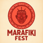 Cabeza de máscara tradicional africana con detalles en tonos rojos, inspirada en el arte y cultura de festivales tradicionales, en el cartel del MaraFiki Fest.