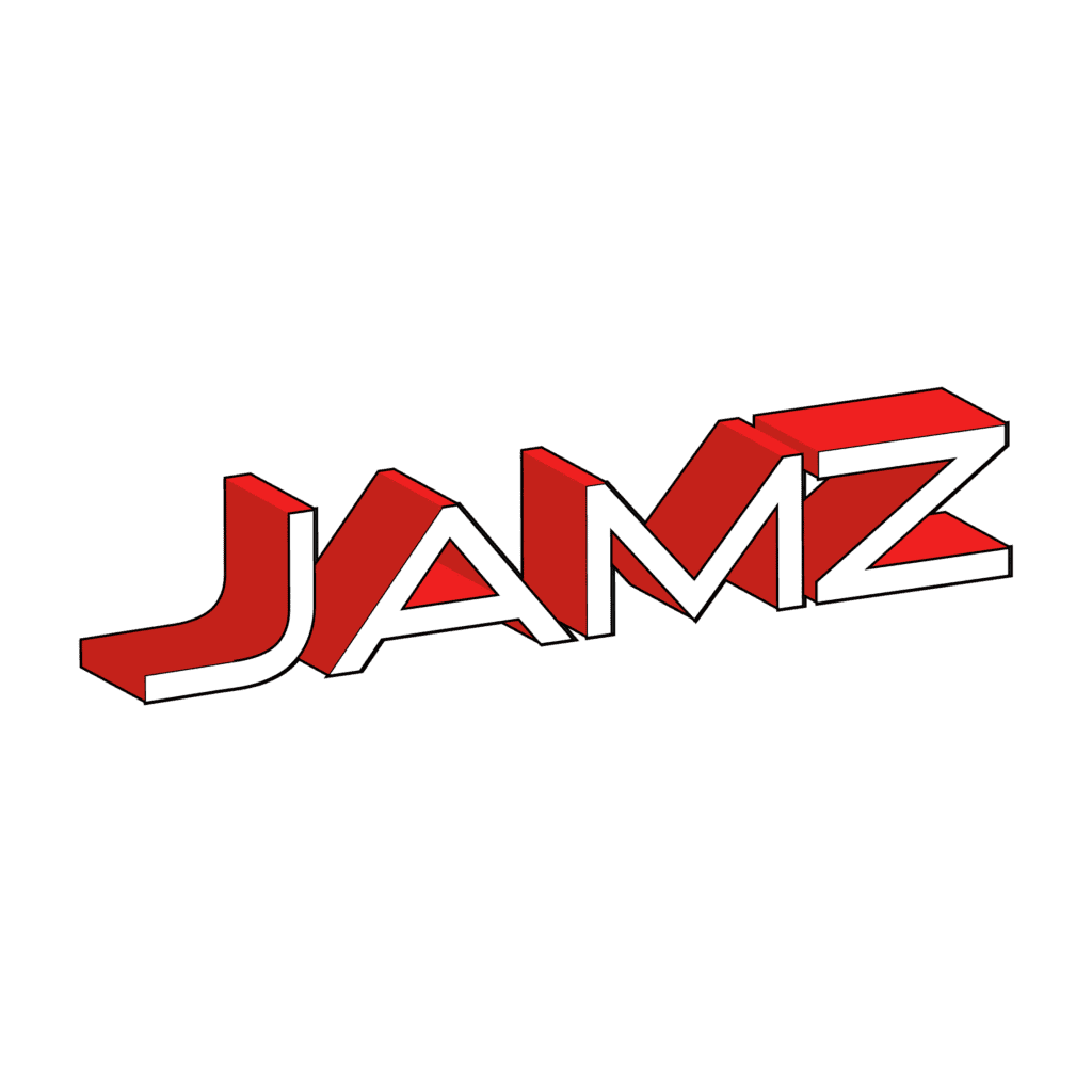 JAMZ logo promocional con efecto tridimensional para eventos y branding.