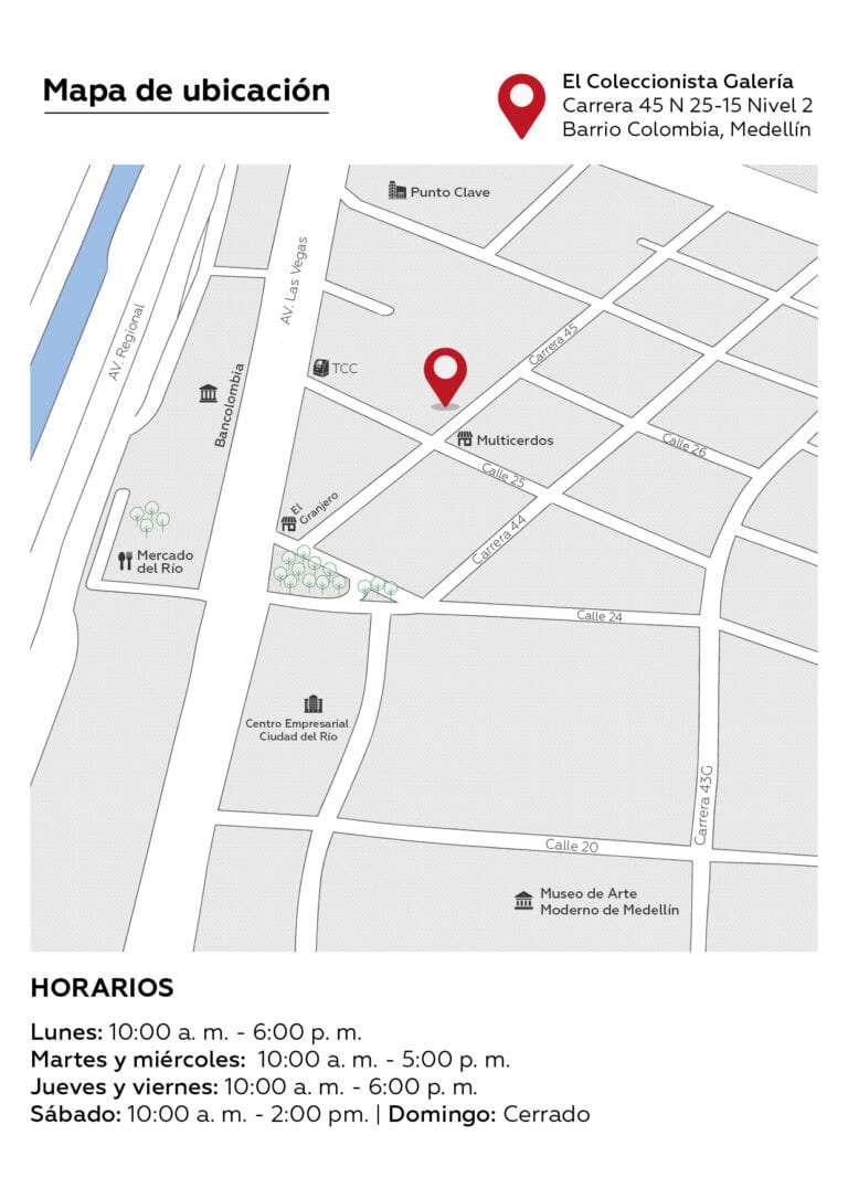 Oficina de eventos en Medellín con mapa de ubicación en El Coleccionista Galería en Barrio Colombia. Servicios y horarios para eventos y reuniones empresariales.