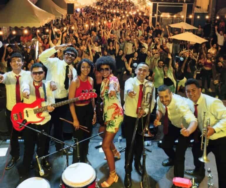 Diversos músicos con instrumentos en un concierto en vivo con una multitud disfrutando y bailando en un evento organizado por Eventario en una noche festiva.
