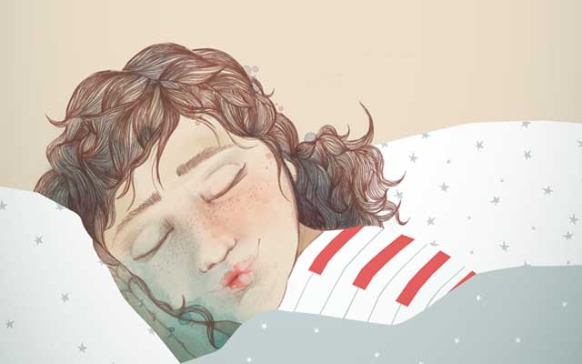 Sueño reparador de una niña durmiendo pacíficamente en su cama. Ilustración de estilo artístico que evoca descanso y tranquilidad, ideal para temas de salud, bienestar y eventos relacionados con el sueño.