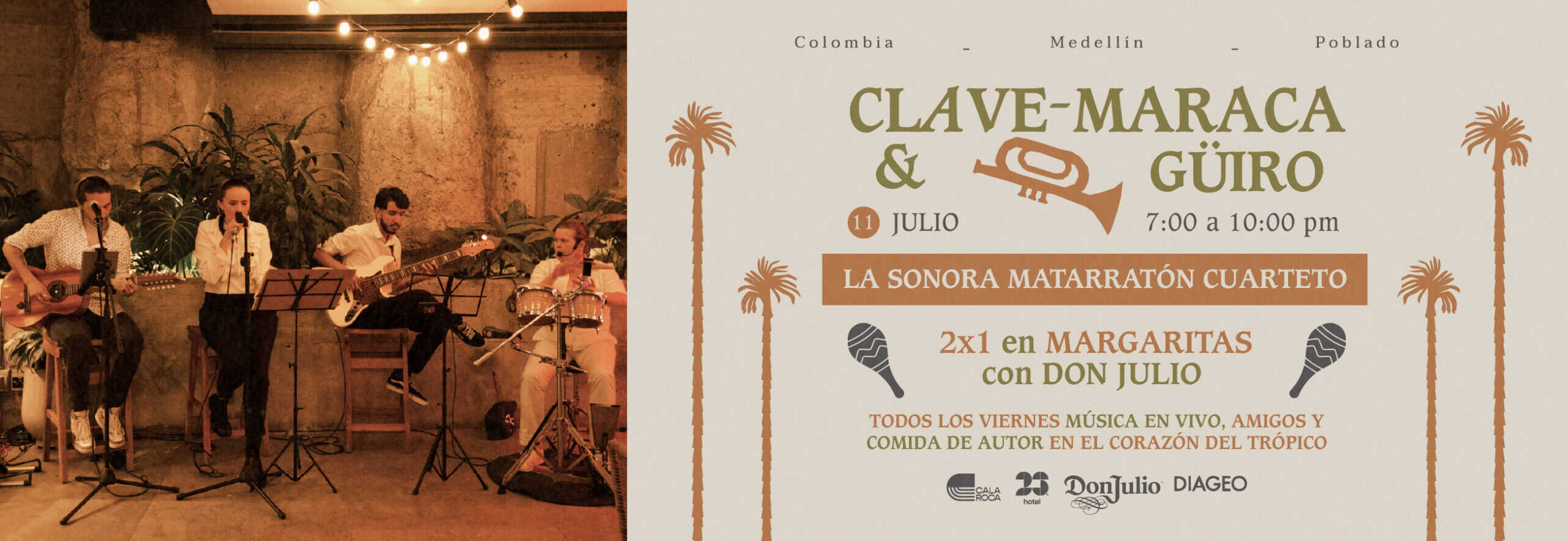 Vía libre para un evento musical en vivo con banda tocando en un ambiente íntimo y decorado con plantas tropicales, ideal para promover conciertos en espacios culturales o restaurantes en Colombia.