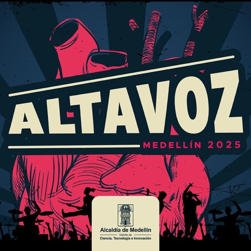 Alt text: Cartel de la feria Altavoz Medellín 2025 con una mano gigante sosteniendo una copa y siluetas de músicos y público en concierto, en colores rosa y azul oscuro.