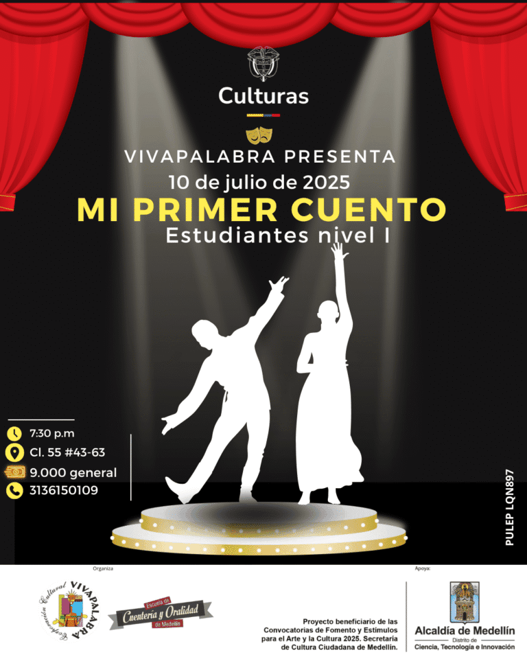 Niños celebrando en un escenario teatral con fondo negro y cortinas rojas, promocionando el evento "Mi Primer Cuento" para estudiantes de nivel I, organizado por Vivapalabra en Medellín.