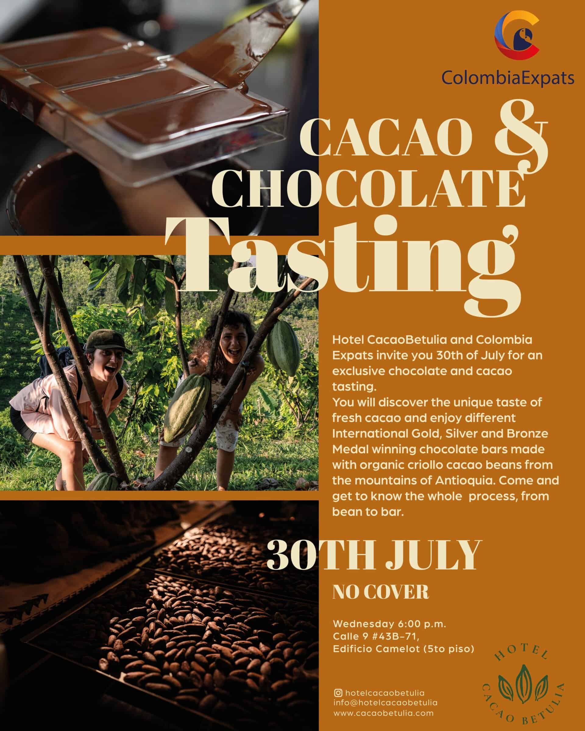 Cacao y chocolate tasting, evento en Hotel CacaoBetulia en Colombia, con degustación de barras de chocolate orgánico y cacao criollo, en un entorno de plantación y experiencia de cata de cacao.