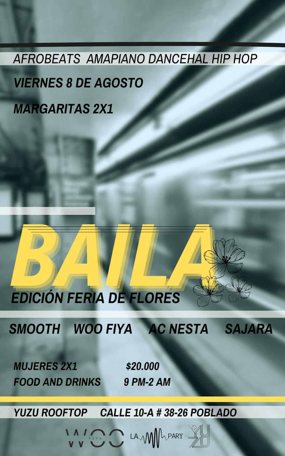 Baja la imagen de un cartel publicitario para evento de feria de flores en un espacio urbano, con detalles en letras grandes y flores ilustradas.