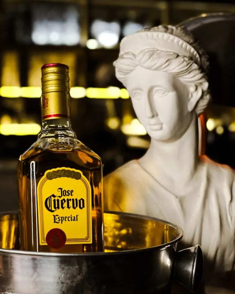 金属杯中盛着 Jose Cuervo Especial 龙舌兰酒，旁边摆放着维纳斯雕塑，营造出温暖优雅的氛围，是举办活动、派对和推广酒精饮料的理想场所。