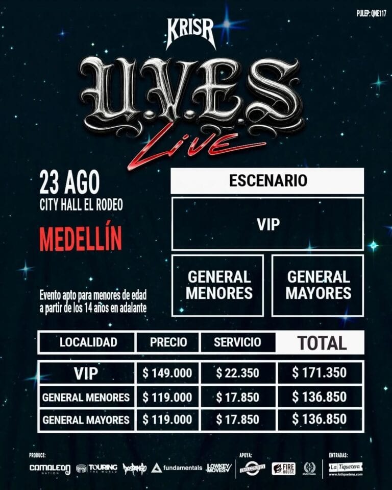 Espectáculo en vivo de la banda Krisr Uyes en Medellín, con opción de VIP y entradas para menores y mayores, en el City Hall El Rodeo el 23 de agosto, evento para fans de rock y música en vivo.