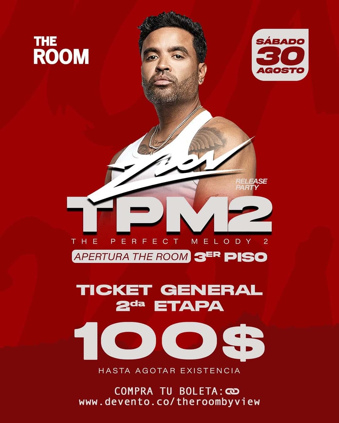 Vendedor de boletos para evento de música en vivo, promocionando la venta de entradas para la apertura del tercer piso en The Room, con detalles de fecha, precio y compra en línea en una publicación promocional.