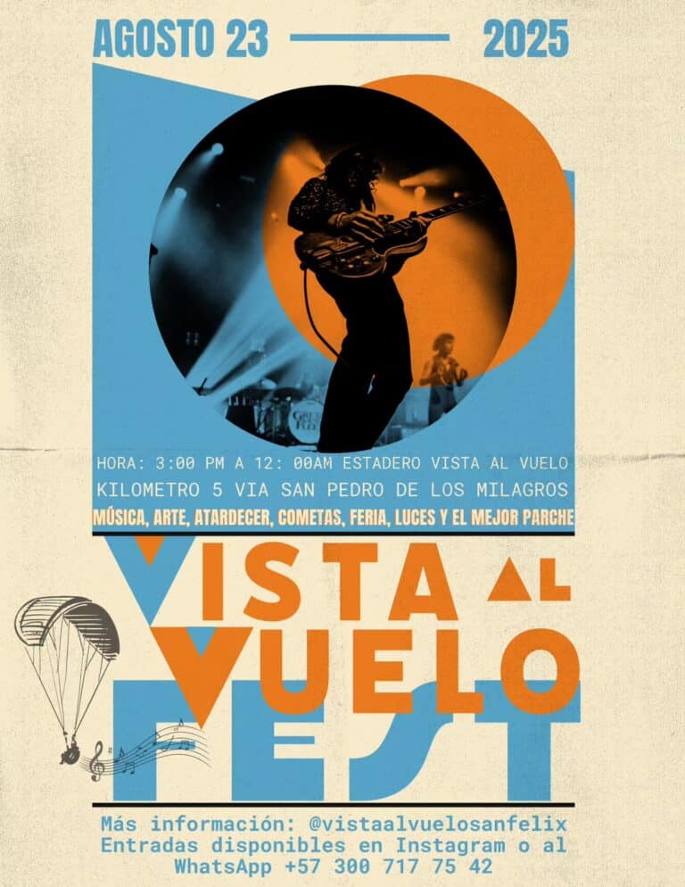 Vista al vuelo festival en agosto 2025 con música, arte, fuegos artificiales y parque infantil en San Pedro de Los Milagros, experiencia artística y cultural para toda la familia en Medellín.
