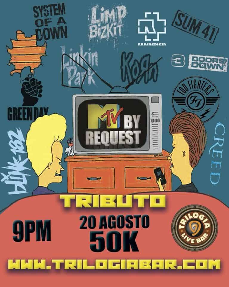 Encuentro de tributo musical en Trilogía Live Bar, 20 de agosto, 50K, con letras como Limp Bizkit y Foo Fighters, en Bogotá, evento promocional para fans del rock y rock alternativo.