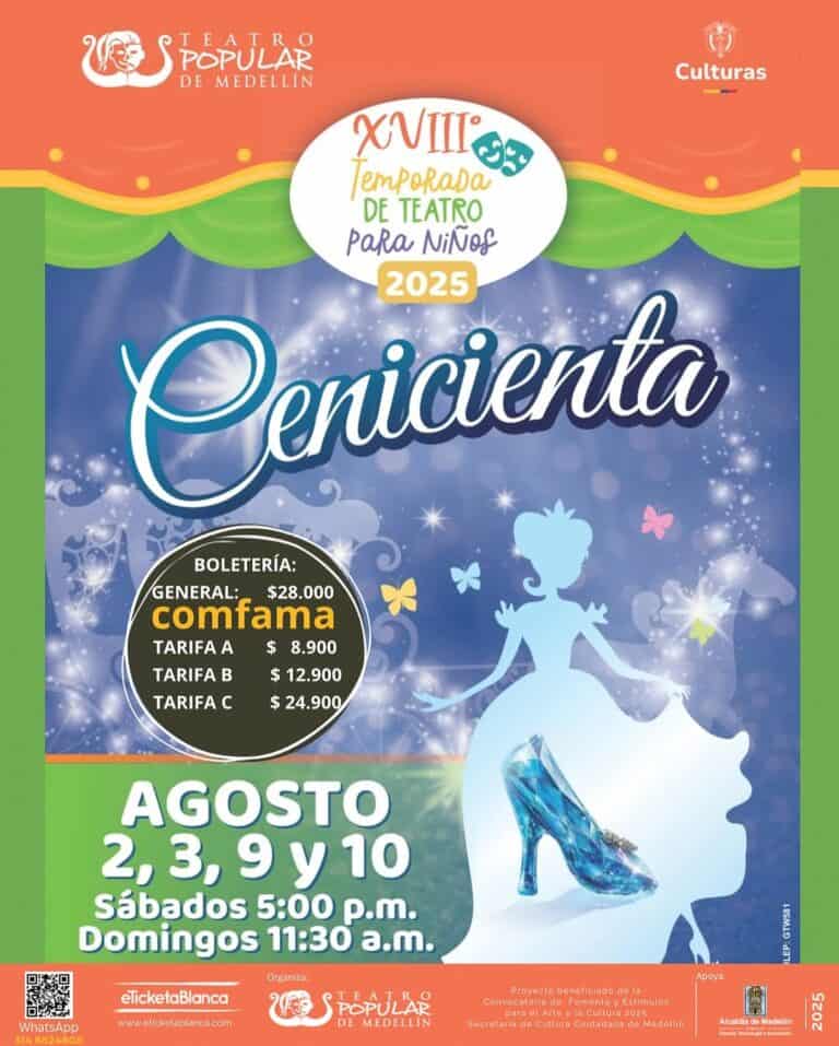 Ensemble de teatro infantil en Medellín con entradas para la temporada 2025 en el Teatro Popular, resaltando funciones en agosto, precios de boletos y temática de fantasía con escenario mágico y personajes de teatro para niños.