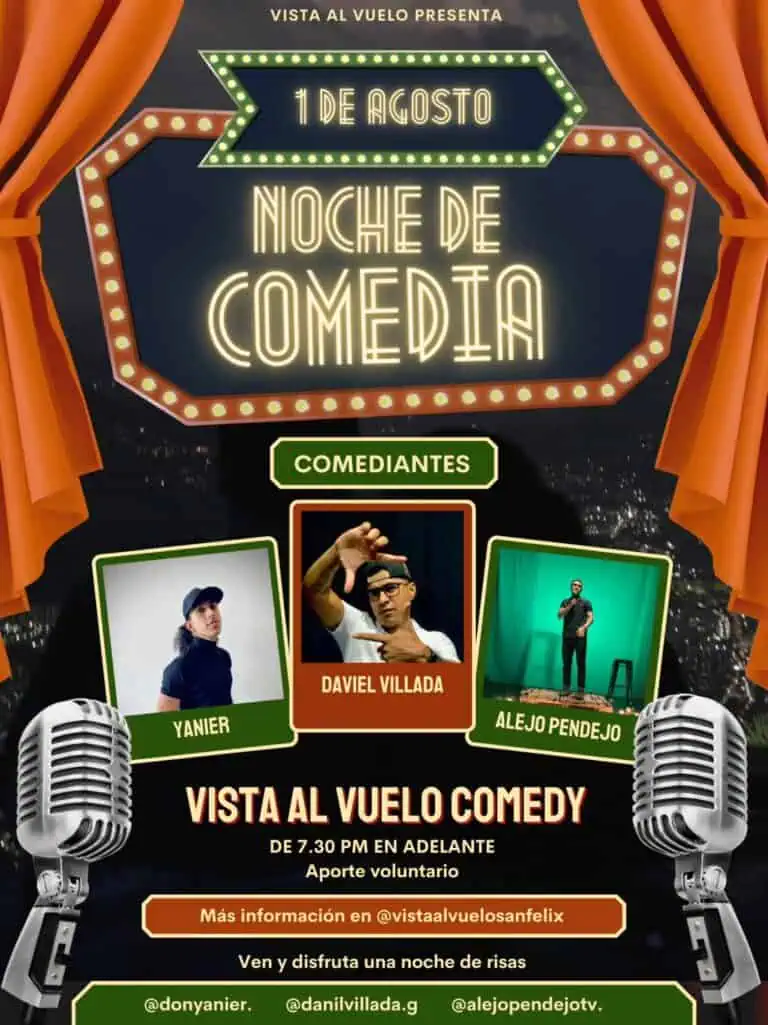 在波哥大举办的脱口秀活动中，将有包括 Yanier、Daniel Villada 和 Alejo Pendejo 在内的著名艺术家带来精彩的现场喜剧表演，晚上 7:30 开始入场，并与 Vista al Vuelo 合作举办。
