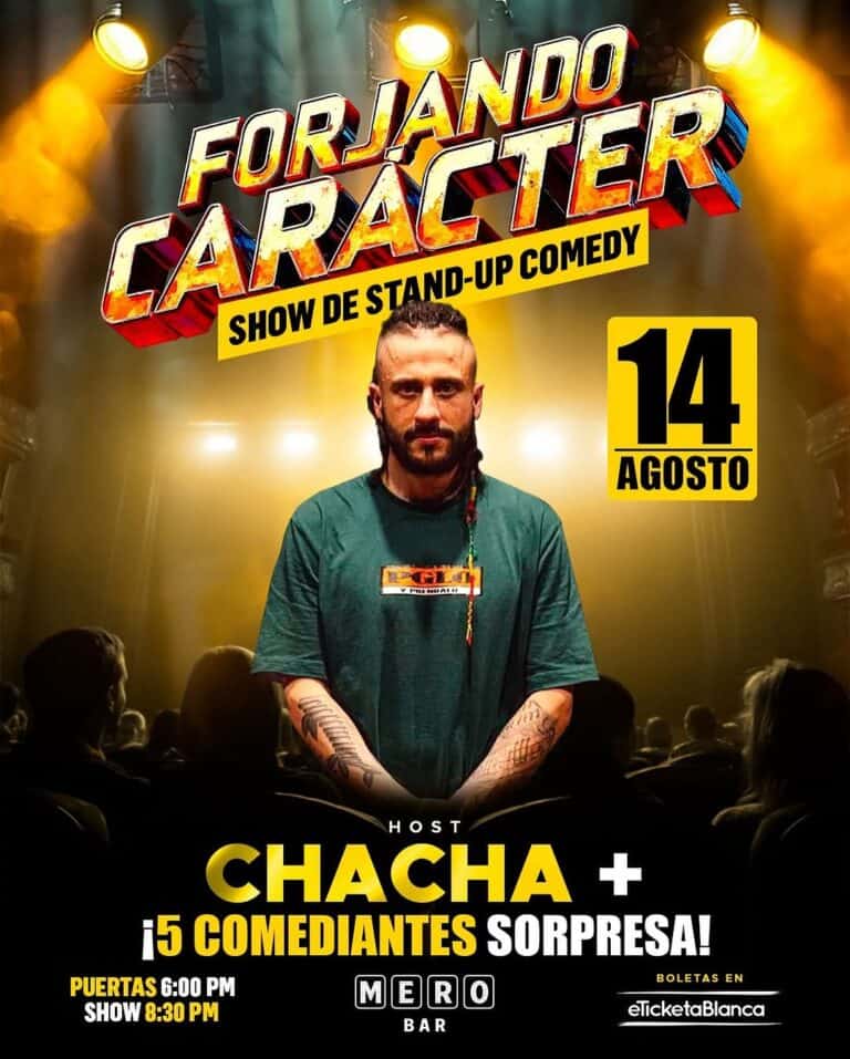 Eventario show de stand-up comedy con Chacha y cinco comediantes, presentación en Bogotá, Colombia, el 14 de agosto a las 8:30 p.m., en el bar Mero. Entradas disponibles en TicketBlanca.