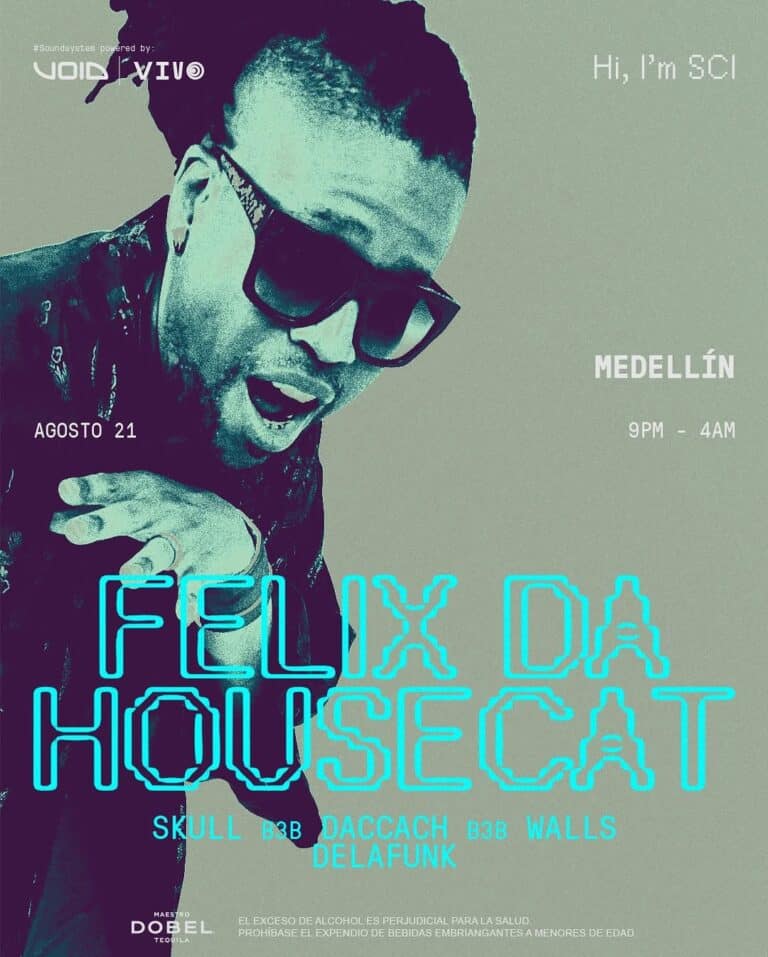Disfruta de un evento de música electrónica en Medellín con Felix Da Housecat, Skull B3B, Daccah, Walls y Delafunk en un festival de dance y house, la mejor fiesta del 21 de agosto con DJ en vivo.