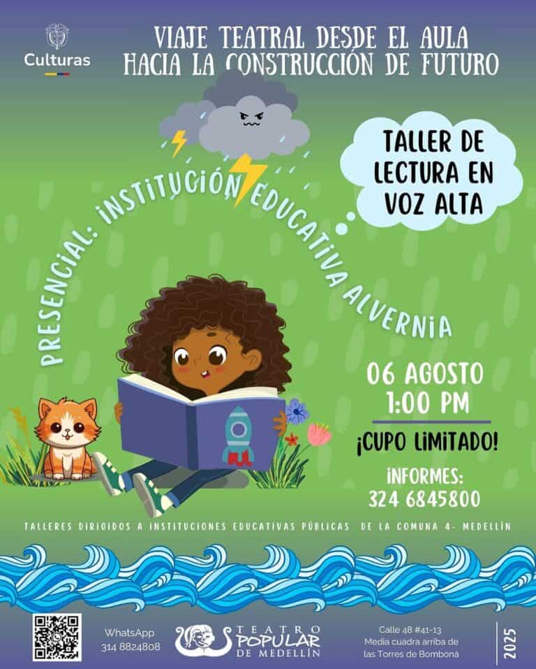 Crianza de niños leyendo en un taller de lectura en voz alta, con escenario natural, ilustraciones divertidas y colores vivos para promover la educación y la imaginación infantil.