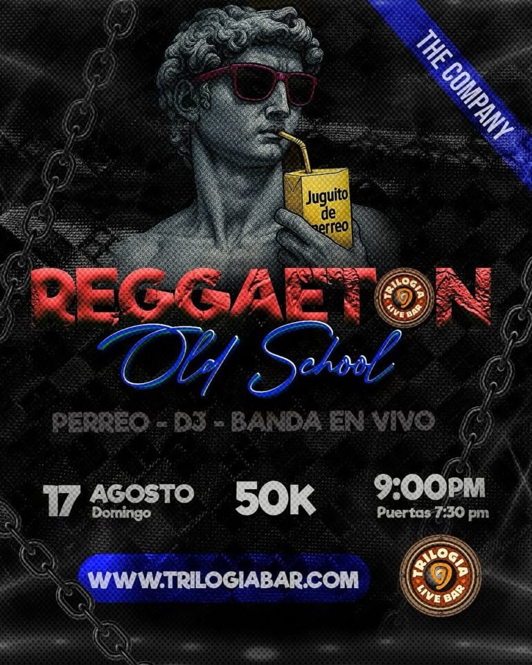 Disfraz de estatua clásica con gafas de sol y uno de jugo de pera en un evento de música reggaeton Old School en Trilogía Live Bar.