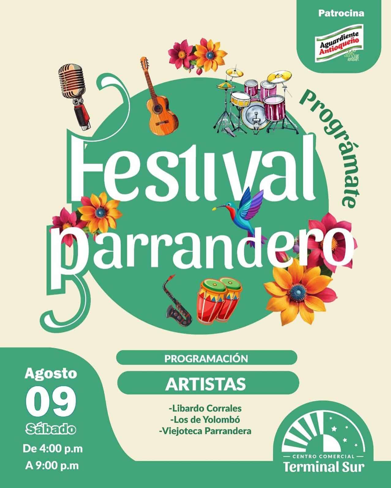 Festival de parranderos en Terminal Sur con artistas locales y música en vivo, incluyendo instrumentos tradicionales como maracas, saxofón, guitarra y tambores, en un evento cultural y musical.