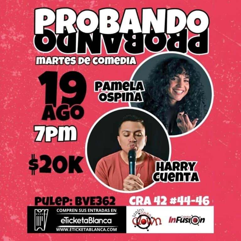 Disfruta de la comedia en vivo con Pamela Ospina y Harry Cuenta en evento de martes de humor, 19 de agosto a las 7 pm, en el teatro de la ciudad, por solo $20K, entradas en Ticketera Blanca.