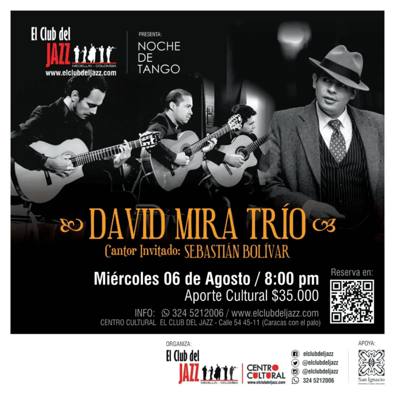 Guitarristas tocando en vivo durante un concierto de jazz en un club, promoviendo un evento de noche de tango con David Mira Trío y Sebastián Bolívar en Medellín, Colombia.