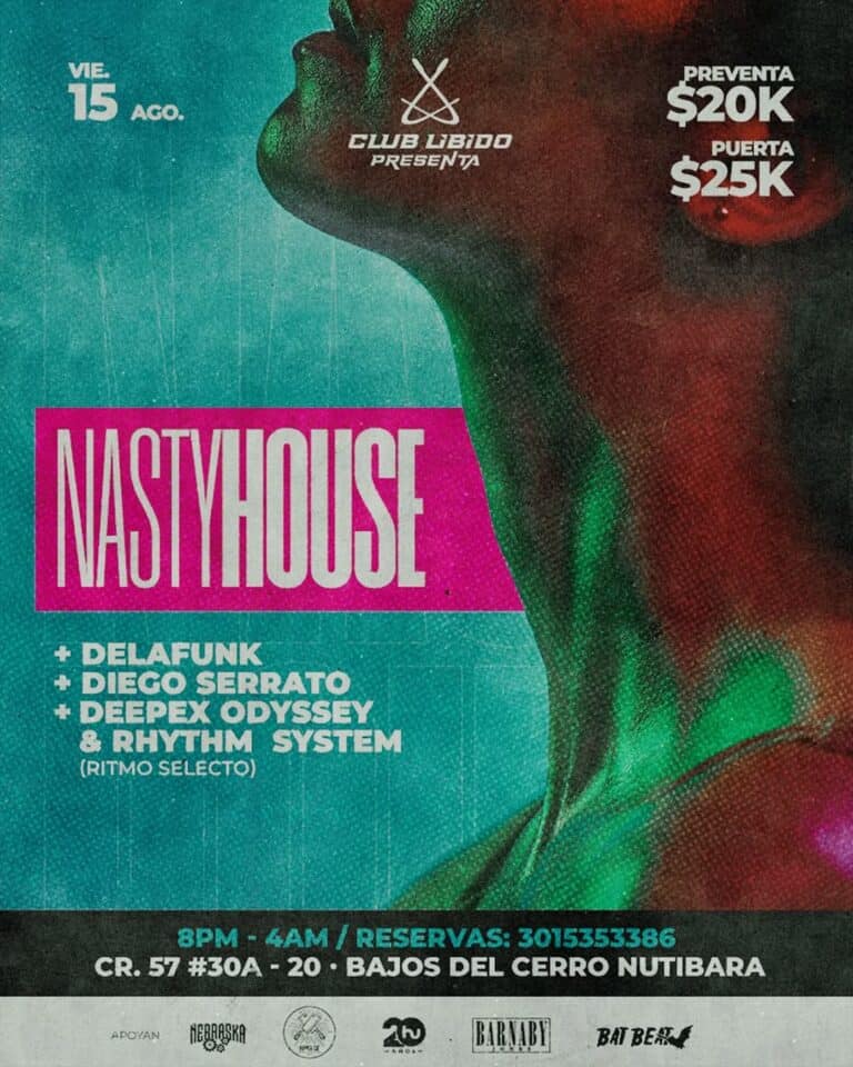 NastyHouse concierto en Club Libido con artistas como Delafunk, Diego Serrato y Deepex Odyssey, evento de música electrónica y fiesta en Bogotá.