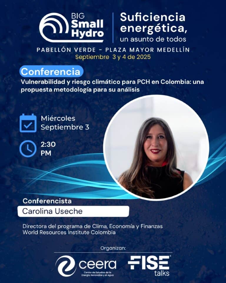 Conferencia sobre vulnerabilidad y riesgo climático para PCH en Colombia, con Carolina Useche, directora del programa de Clima, Economía y Finanzas del World Resources Institute Colombia, en Medellín.