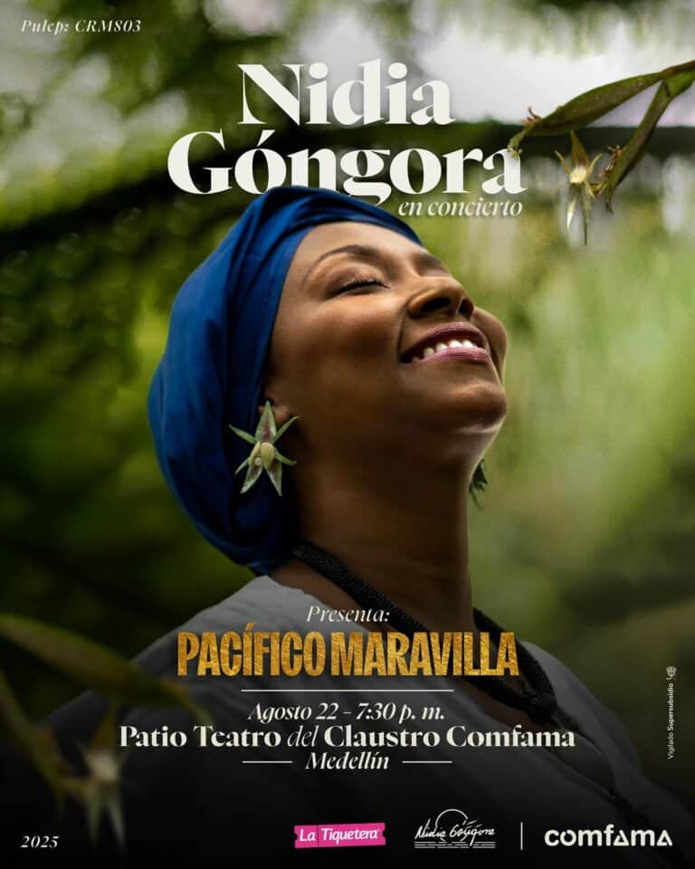 Nidia Góngora en concierto en Medellín, promoción de evento musical en el patio teatro del claustro confama, artista en vivo, evento cultural, música en concierto, evento en Medellín, espectáculo musical, evento artístico.