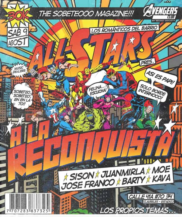 Respaldo de portada de cómic con personajes de superhéroes en acción en un escenario urbano, estilo retro, con colores vibrantes y diálogos en globos. Ideal para eventos, comics y temáticas de superhéroes.