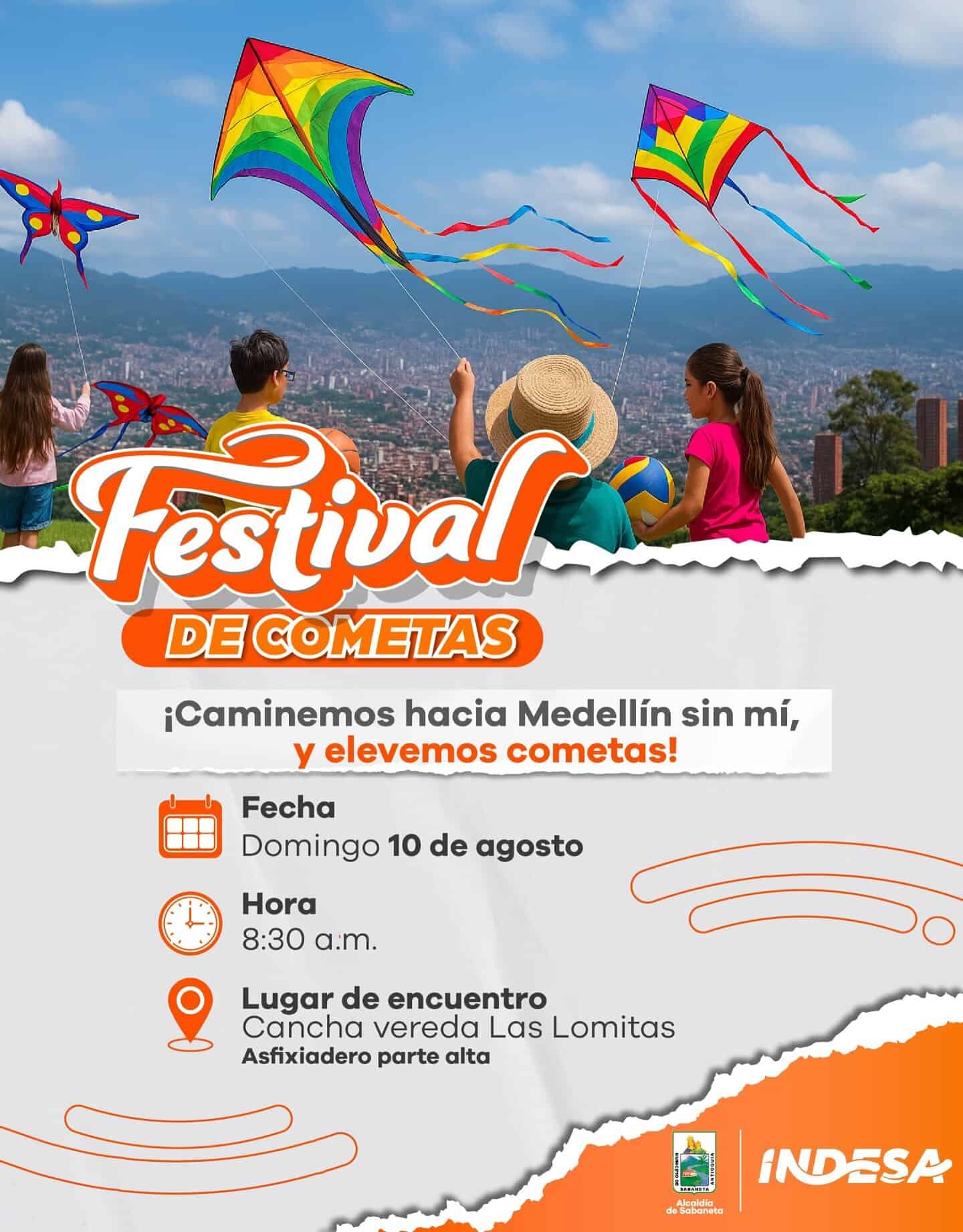 Coloridos cometas volando en el cielo durante el Festival de Cometas en Medellín con niños disfrutando en una tarde soleada.