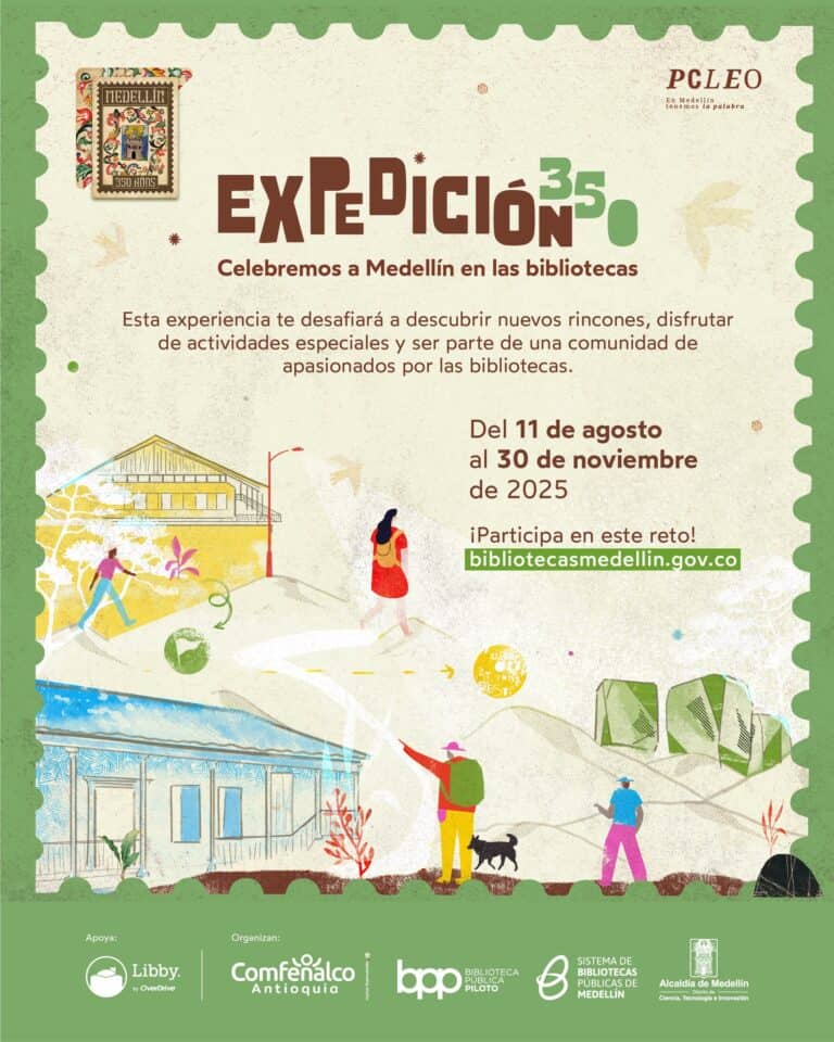 Participación en exposición de bibliotecas en Medellín, evento cultural y educativo 2025, actividades especiales en bibliotecas públicas, celebración de Medellín en bibliotecas, promoción de la lectura y cultura.