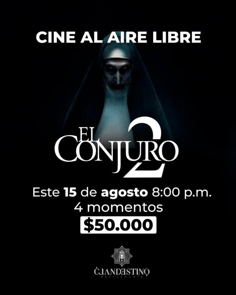 Cine al aire libre evento promocional para "El Conjuro 2" en Clandestino Restaurante en Colombia. Disfruta de la película en una noche especial con precio y fechas destacadas.