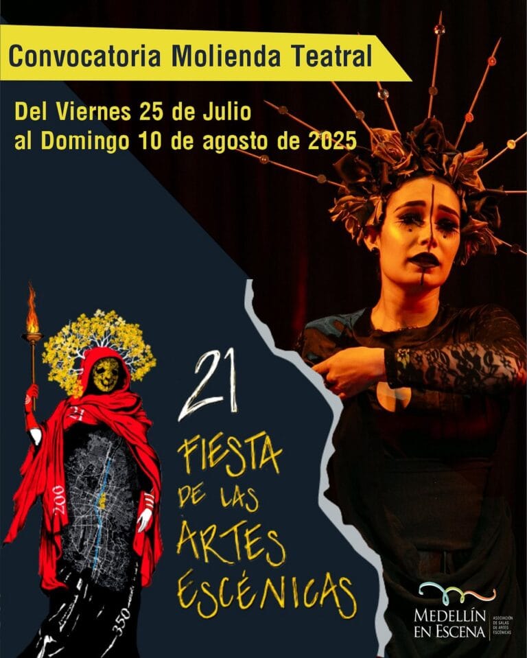 Espectáculo teatral con artista en escenario, promoción de la Fiesta de las Artes Escénicas en Medellín, evento cultural y artístico en escena, convocatoria teatral 2025, arte escénico en Colombia.