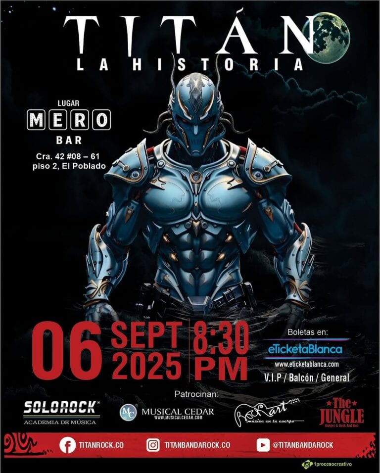 TITÁN La historia, evento en Mero Bar con un guerrero futurista en armadura en noche con luna llena, evento en Bogotá.