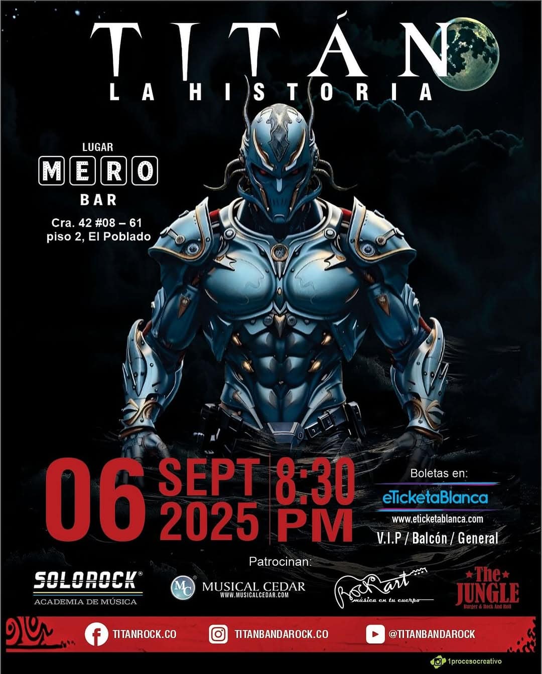 TITÁN La historia, evento en Mero Bar con un guerrero futurista en armadura en noche con luna llena, evento en Bogotá.