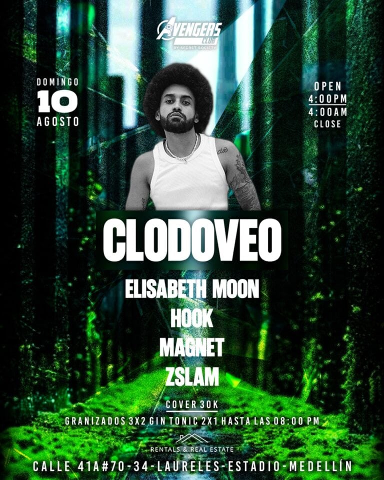 Increíble evento de música en Medellín con Clodoveo, Elisabeth Moon, Hook, Magnet y Zslam en un ambiente de Real Estate Rentals. La fiesta será el domingo 10 de agosto desde las 4:00 PM, en un lugar con ambiente único y música en vivo.