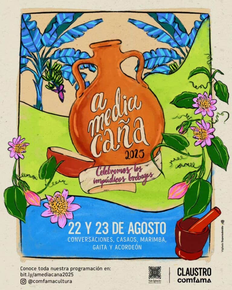 Cerámica y plantas decorativas en cartel del festival Amedica Cana 2025, con eventos culturales en agosto.